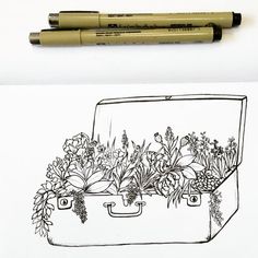 a drawing of a suitcase with flowers in it