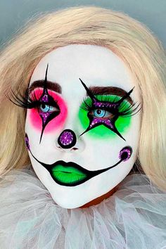 Scary Clown Make Up For Kids, Womens Scary Clown Costume, Scary Neon Clown Makeup, Crazy Clown Makeup Halloween, Sinister Clown Makeup, Colorful Clown Makeup Halloween, Friendly Clown Makeup, Creepy Cute Clown Makeup, Pretty Clown Makeup Halloween