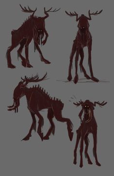 the concept art for an alien creature is shown in three different poses, each with horns and