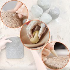 three images show the process of carving and using clay to create decorative objects with hands