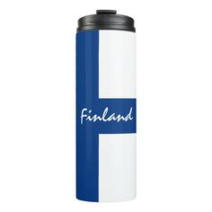 a white and blue travel mug with the word finland on it's front side