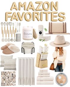 the words amazonn favorites are surrounded by white and gold items, including hats, blankets