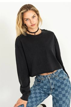 Achieve the next level of street style in this crop top! Features a crew neckline, drop shoulders, long loose sleeves, and banded cuffs. The relaxed-fit bodice offers a laid-back look before ending at a raw-edged hemline. 100% Cotton The model is 5'9" Tall, 32" Chest, 23: Waist, and 35" Hips, and wearing a size small. Imported and Designed in the USA. Casual Long Sleeve Cropped T-shirt For Spring, Trendy Crew Neck Crop Top For Fall, Fall Relaxed Fit Crew Neck Cropped T-shirt, Boxy Fit Cropped Sweater, Oversized Crew Neck Crop Top In Trendy Style, Trendy Relaxed Fit Crop Top With Crew Neck, Oversized Crew Neck Crop Top, Trendy Relaxed Fit Crew Neck Crop Top, Oversized Trendy Crew Neck Crop Top