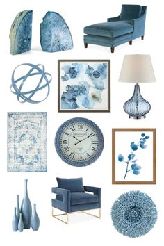 blue and white color scheme for living room with chair, clock, lamp, paintings