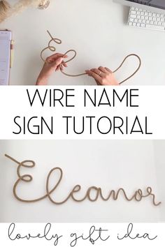 two photos with the words wire name sign and an image of a cat laying on top