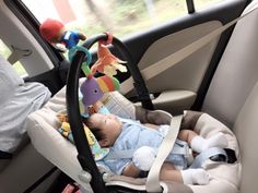 a baby in a car seat with stuffed animals