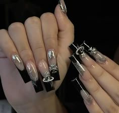 Black And Chrome Acrylic Nails, Black Nails W Charms, Punk French Tip Nails, Black And White Y2k Nails, Black Hoco Nails, Black And Chrome Nails, Black Y2k Nails, 2000 Nail Art, Black Chrome Nails