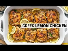 chicken with lemons and herbs in a white casserole