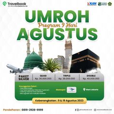 an advertisement for the travelbook umroh program in august, with images of mosques