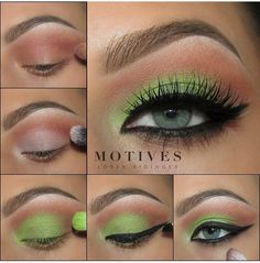 Pretty green Bright Green Eyeshadow Looks, Parrot Green Eye Makeup, Bright Green Eyeshadow, Lime Green Eyeshadow, Lime Green And Black Eye Makeup, Saint Patricks Day Makeup, Green Eye Makeup, Green Eyeshadow Look, Eye Base