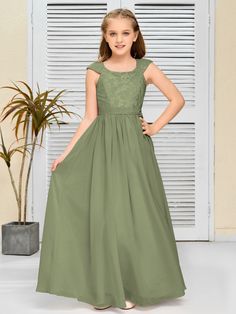 A Line Chiffon Lace Junior Bridesmaid Dress Green Chiffon Bridesmaid Dress For Banquet, Solid Chiffon Prom Dress, Solid Chiffon Bridesmaid Dress, Spring Chiffon Bridesmaid Dress For Banquet, Green Bridesmaid Dress With Lace Bodice, Green Chiffon Dress For Wedding Guest, Green Chiffon Floor-length Bridesmaid Dress, Bridesmaid Chiffon Maxi Dress With Lace Bodice, Chiffon Maxi Dress With Lace Bodice For Bridesmaids