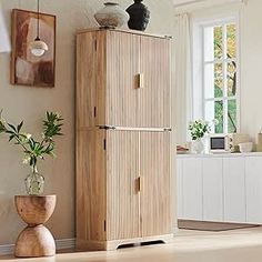 a tall wooden cabinet sitting in the middle of a living room next to a potted plant