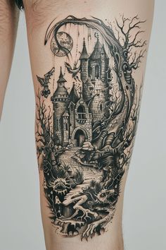 a woman's thigh with a castle tattoo on it