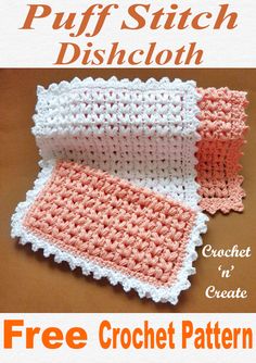 two crocheted dishcloths with the words, free crochet pattern