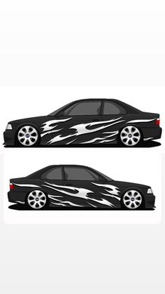 two black cars with white and red flames on the front, back and side views