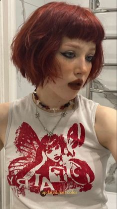 Cute Short Red Hairstyles, Red Bob Hair With Bangs, Very Short Red Hair, Red French Bob, Microbangs Round Face, Bobcut Hairstyles Short, 80s Punk Hair, Short Dark Red Hair, Short Red Bob