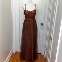 Spaghetti Straps And Beads! Beautiful Brown Color And Nwt Never Been Worn Short Strapless Prom Dresses, Pink Formal Gown, Brown Dresses Formal, Overlay Color, Fuschia Dress, Navy Blue Maxi Dress, Dresses Beautiful, Alfred Angelo, White Prom Dress