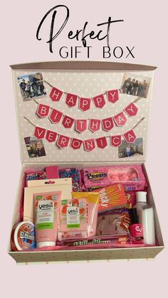 an open gift box filled with personal care items and the words happy birthday written on it