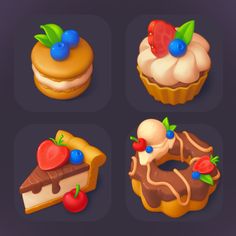 four different types of pastries with toppings on them, including cake and cherries