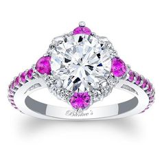 Barkev's 14K White Gold Pink Sapphire Compass Halo Diamond Engagement Ring Featuring 0.74 Carat Pink Sapphires and 0.18 Carats Total Weight Round Cut Diamonds Delivery takes 2-3 weeks for Barkev's to create and will ship immediately after completion. Rush delivery available depending on style and upon request Center diamond & wedding band sold separately Made in the U.S.A. Ring can be made to accommodate any size center diamond. Shown with a 2.00 carat round shaped diamond (approx 8.2 mm) Av Sapphire Engagement Ring Halo, Pink Sapphire Jewelry, Sapphire Jewellery, Pink Weddings, Pink Sapphire Ring Engagement, Sapphire And Diamond Ring, Round Engagement Rings, Engagement Ring Shapes, Bridesmaid Jewelry Sets