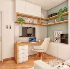 a living room filled with white furniture and wooden shelves on top of eachother