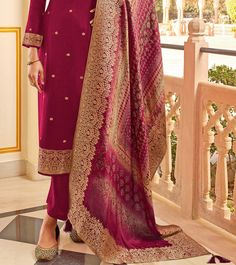 Burgundy Pink Designer Embroidered Jacquard Party Wear Pant Suit-Saira's Boutique