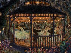 a painting of people in a gazebo surrounded by flowers and trees, with lights on them