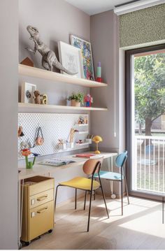 two pictures of a bedroom with a bed and desk