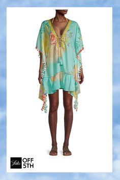 Floral Print Caftan Coverup Spring Bohemian Tunic For Vacation, Beachy Tunic For Spring Vacation, Bohemian Spring Vacation Tunic, V-neck Cover-up For Spring/summer Outings, Multicolor Beach Tunic For Spring, Spring Beach Sleeveless Tunic, Multicolor Spring Tunic For Vacation, Green Tunic Cover-up For Spring, Green Spring Tunic Cover-up