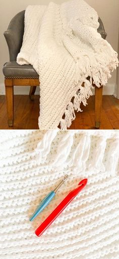 crocheted blanket and knitting needles sitting on a chair next to a white knitted afghan