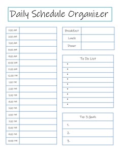 the daily schedule is shown in blue and white with text that reads daily schedule organizer