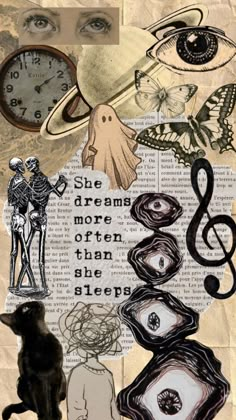 altered collage with various images and words on it, including a black cat sitting in front of a clock