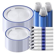 blue and white plastic cups, plates and napkins