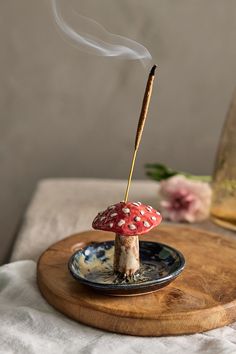 a small red mushroom sitting on top of a blue plate next to a wooden stick