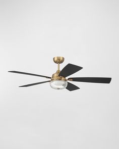 a ceiling fan with two black blades and a light bulb on the top of it