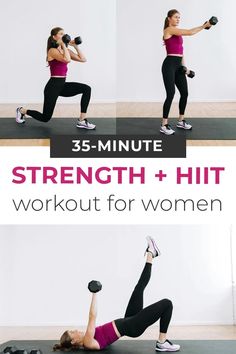 a woman doing an exercise with dumbbells in front of her and the text, 25 - minute strength + hit workout for women