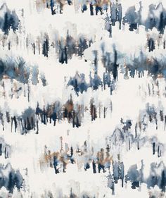 an abstract painting with lots of trees in the snow and blue, white, and brown colors