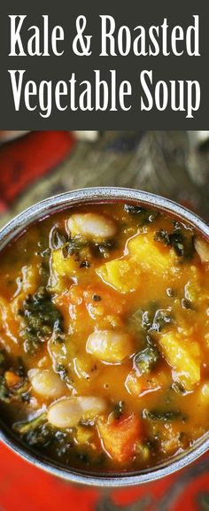 kale and roasted vegetable soup in a red pot with text overlay that reads, kale & roasted vegetable soup