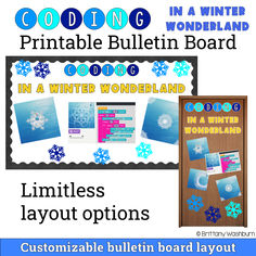 a bulletin board with snowflakes and winter themed writing on it, including an image of