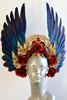 Kinaree Headdress with macaw feathers, red roses and Thai embellishments Macaw Feathers, Fantasy Costumes, Fantasy Clothing, Fantasy Fashion, Mode Inspiration, Tahiti, Costume Design, Headdress, Wearable Art