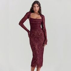 Unleash Your Inner Elegance Step into a world of sophistication and style with our Spaghetti Strap Lace Bodycon Dress, a perfect blend of allure and comfort for the modern woman. Designed for those special nights out, this dress ensures you stand out with its elegant lace detailing and figure-hugging silhouette. Key Features and Benefits The dress boasts a combination of polyester and spandex, providing both durability and stretch for a flattering fit. The synthetic fiber material composition pr Autumn Wedding Guest Dress, Lace Red Dress, Valentine Fashion, Dress For Autumn, Pink Anarkali, Dresses Nightclub, Hugging Silhouette, Red Bodycon Dress, Dress With Sleeves