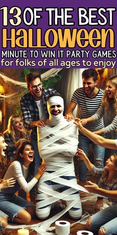 an advertisement for halloween party games with people in the background