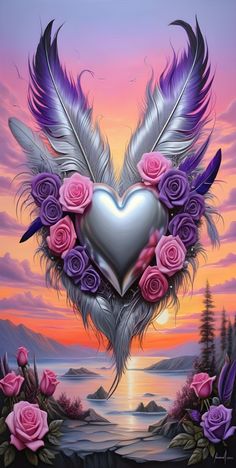 a painting of a heart with roses and feathers