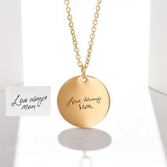 Whether you have handwriting, the signature of a loved one, your children's handwriting,  we can put it on this personalized handwriting necklace for you! These unique jewelry are a fabulous gift to give to your mother. Personalize this necklace with your own meaningful message or other details.  If you've been looking for a beautiful and one-of-a-kind gift, then our personalized necklace is perfect for you. And if you're searching for a special Christmas, Birthday, or Anniversary present - then Mother's Day Memorial Jewelry With Engraved Text, Memorial Jewelry With Engraved Text For Mother's Day, Mother's Day Necklace With Engraved Text, Minimalist Jewelry With Engraved Text For Mother's Day, Minimalist Engraved Jewelry For Mother's Day, Personalized Signature Necklaces For Mother's Day, Personalized Engraved Jewelry For Mother's Day, Gold Memorial Jewelry With Engraved Text, Gold Jewelry With Engraved Text For Memorial