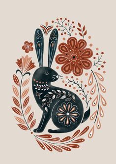 an illustration of a black rabbit surrounded by flowers and leaves on a beige background with the words happy easter written below it