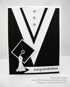 congratulations card with black and white stripes and tassels on the lapel, featuring an image of a man in a tuxedo