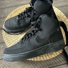 Brand New - Never Worn Size 6.5 Boys Black Nike Air Force 1 Black Non-slip High-top Sneakers For Streetwear, Nike Black Lace-up High-top Sneakers, Nike Black High-top Casual Sneakers, Nike Black Synthetic High-top Sneakers, Black Sneakers With Laces For School, Black Non-slip Lace-up Sneakers, Black Non-slip Mid-top Sneakers, Black High-top Sneakers With Round Toe For School, Black Non-slip High-top Sneakers