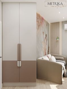 the interior of a modern apartment with white walls and wood flooring is decorated in pastel tones