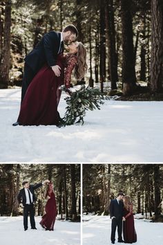 a couple is kissing in the snow surrounded by pine trees and evergreens at their winter elopement