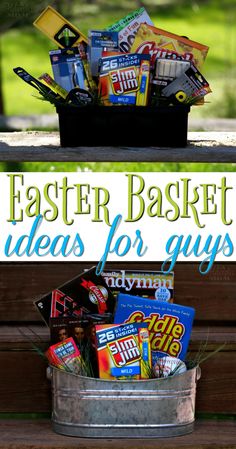 a basket filled with candy sitting on top of a wooden bench next to a sign that says easter basket ideas for guys